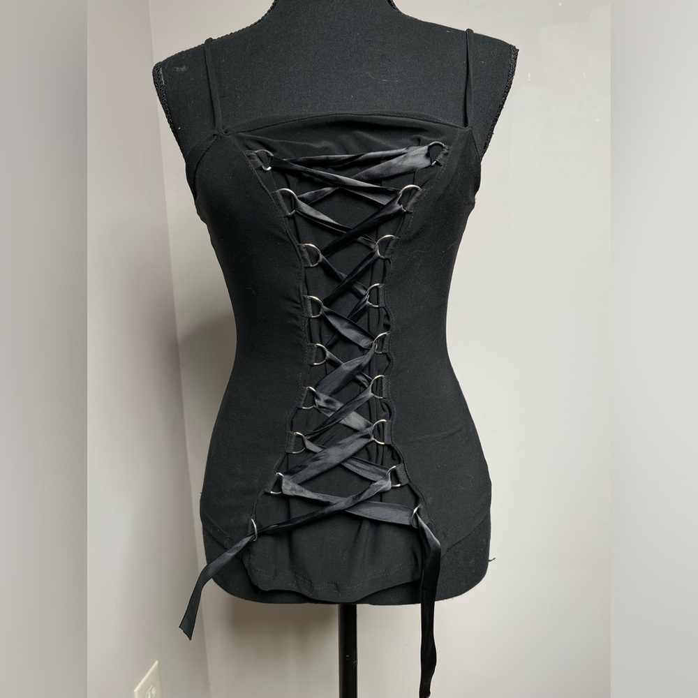 Rave medium Black Vintage Made in USA Strappy Front Top